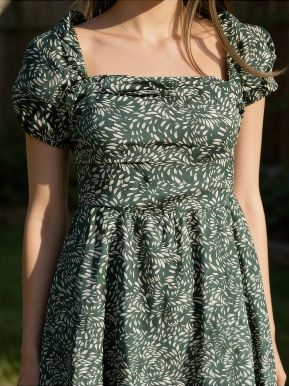 O.p.t Green Cotton Midi Dress L Smocked Back Puff Sleeve Pockets Cottagecore - Picture 3 of 9
